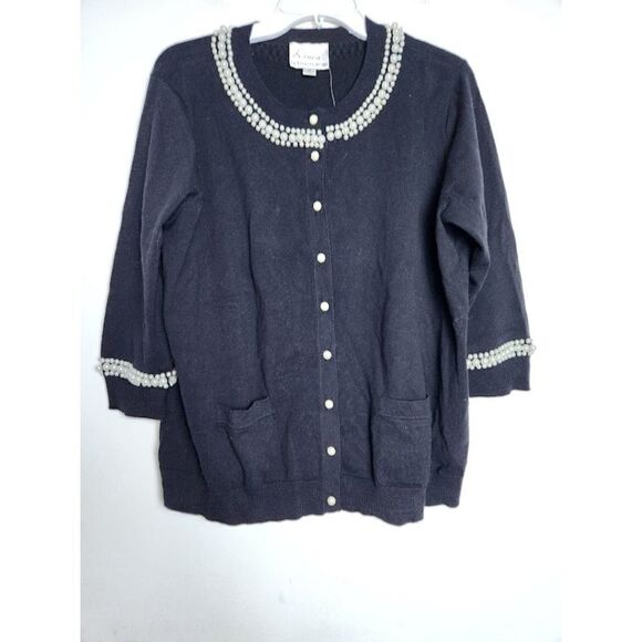 NWOT Linea by Louis Dell'Olio Black w/ White Pearls Cotton Button Up Cardigan 1X - Picture 2 of 8